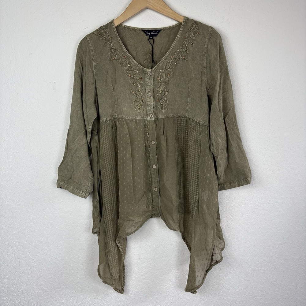 YOUNG THREADS XL long sleeve Embroidered Asymmetric Hem Top Green Fairy Peasant